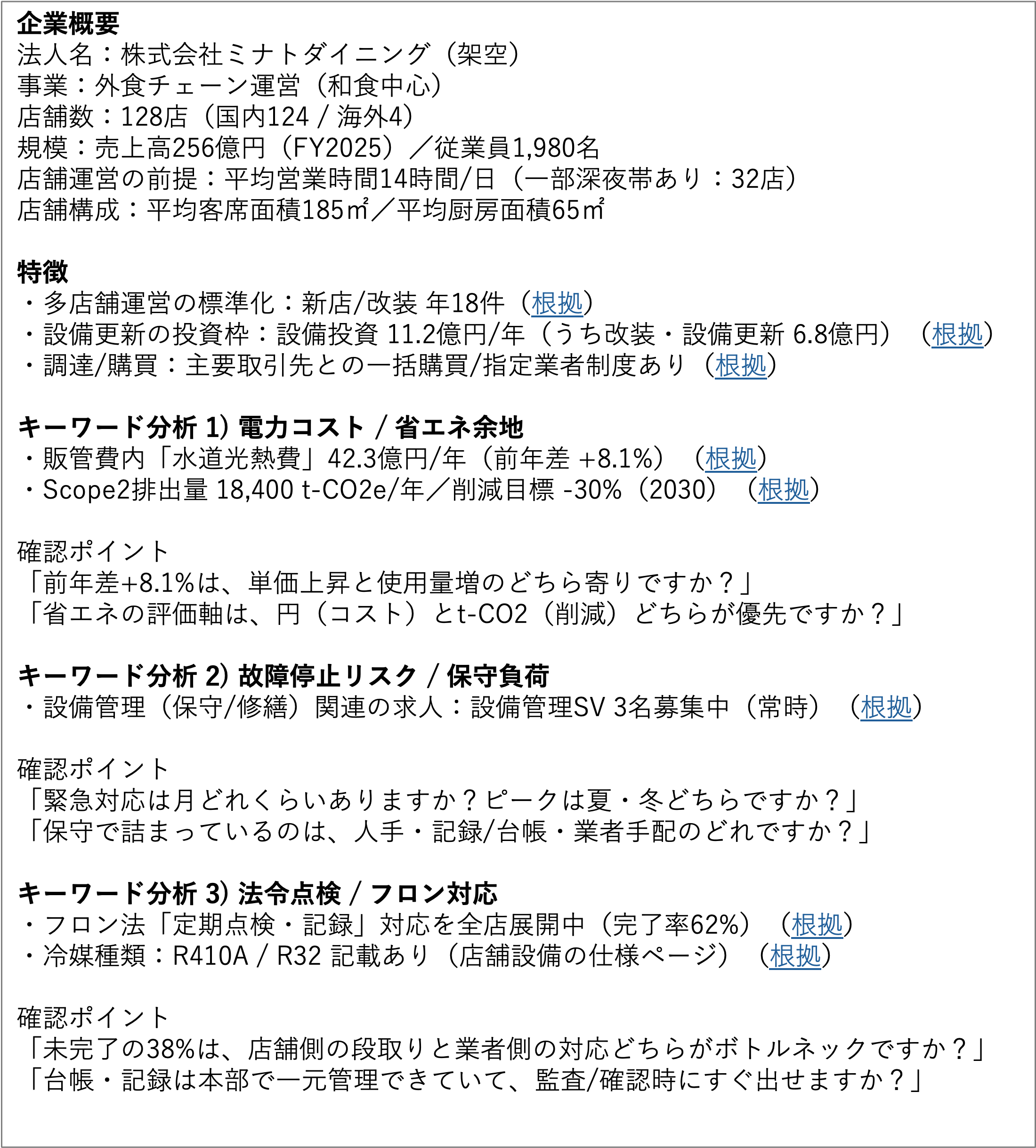 サクメモの出力例 - A4一枚にまとまった商談前調査メモ